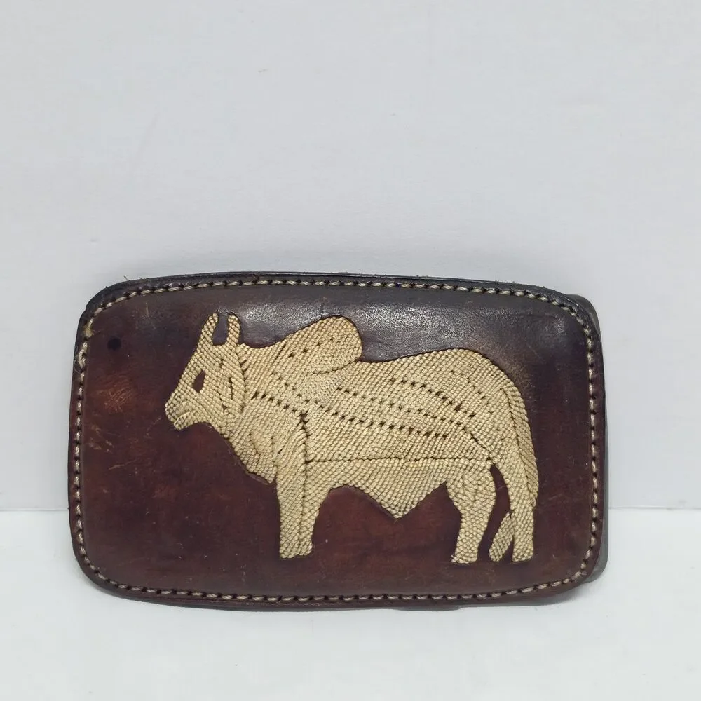 Vintage Unique Brahma Bull Western Belt Buckle Leather with Stitching Embroidery